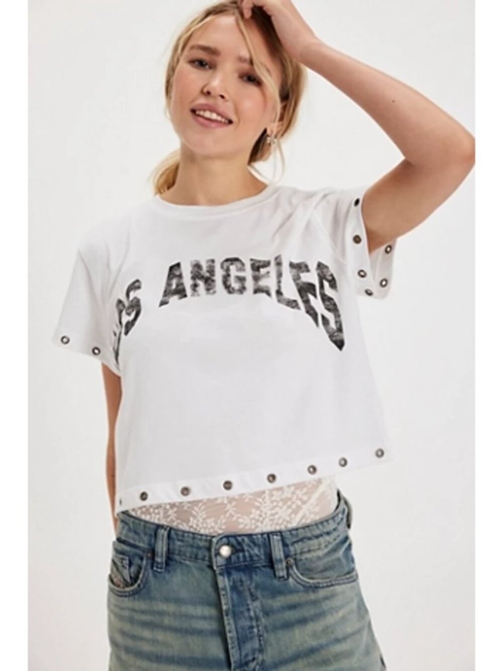 Free People x Tricia Fix Noir Grommet Crop Tee Los Angeles NWT Size Small Edgy